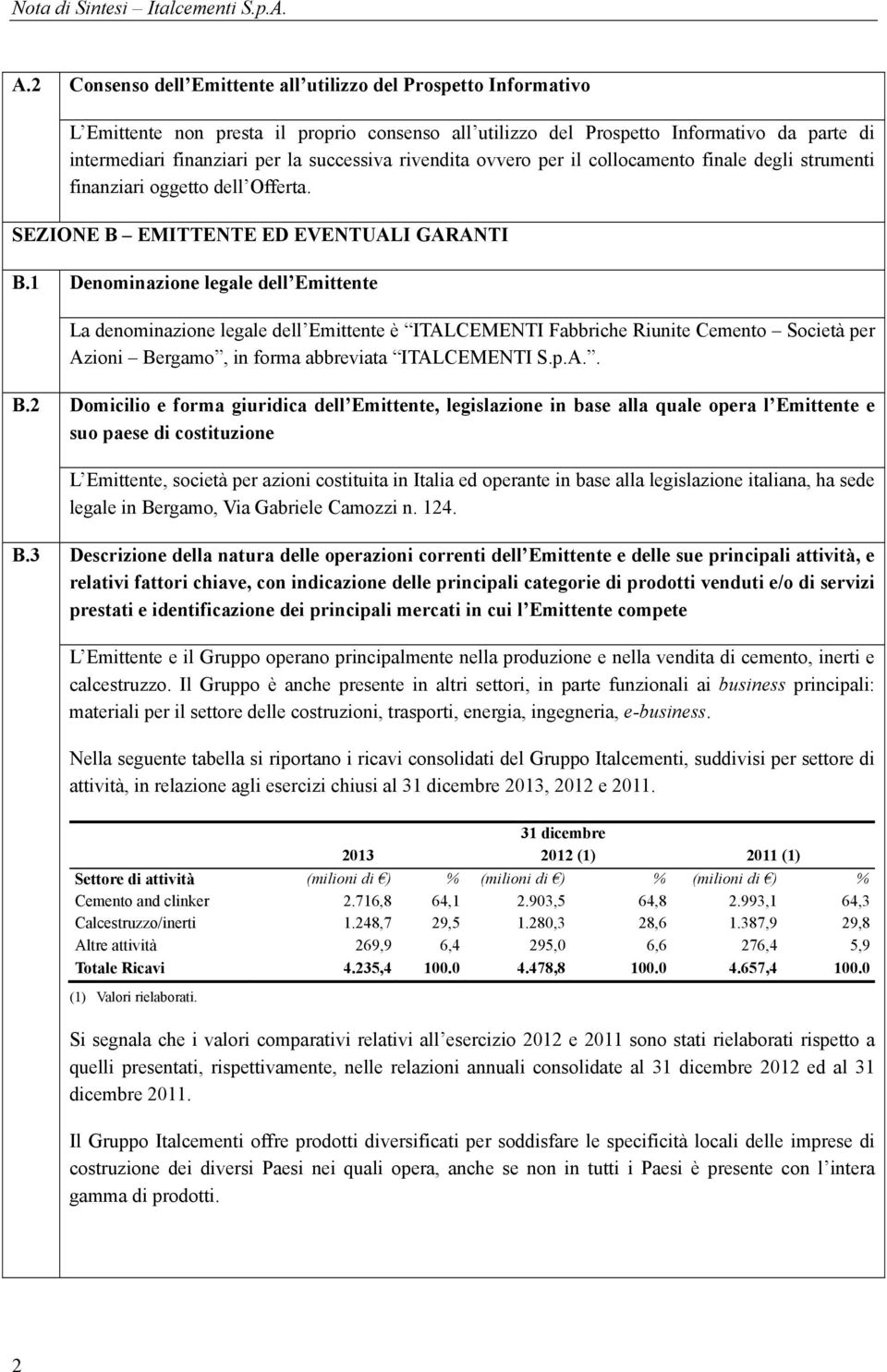 1 Denominazione legale dell Emittente La denominazione legale dell Emittente è ITALCEMENTI Fabbriche Riunite Cemento Società per Azioni Be