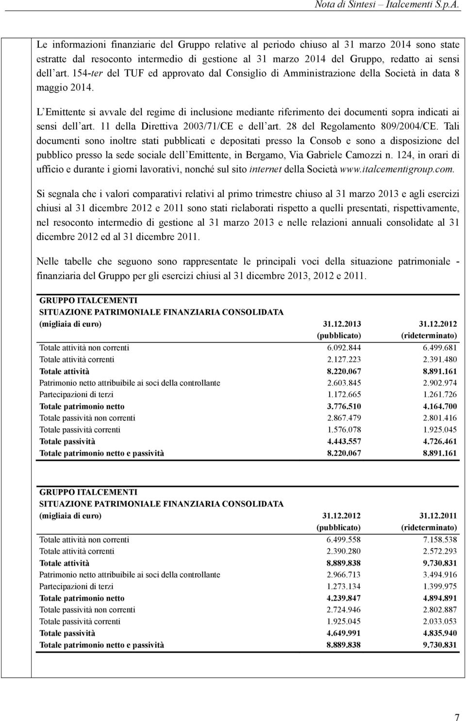 L Emittente si avvale del regime di inclusione mediante riferimento dei documenti sopra indicati ai sensi dell art. 11 della Direttiva 2003/71/CE e dell art. 28 del Regolamento 809/2004/CE.