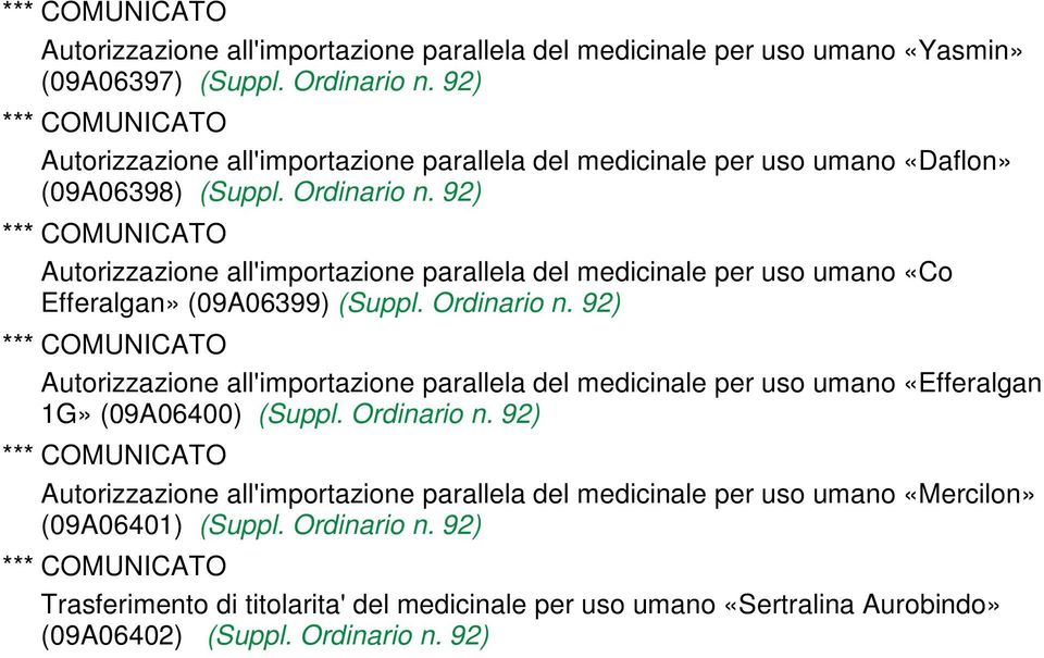 92) Autorizzazione all'importazione parallela del medicinale per uso umano «Co Efferalgan» (09A06399) (Suppl. Ordinario n.