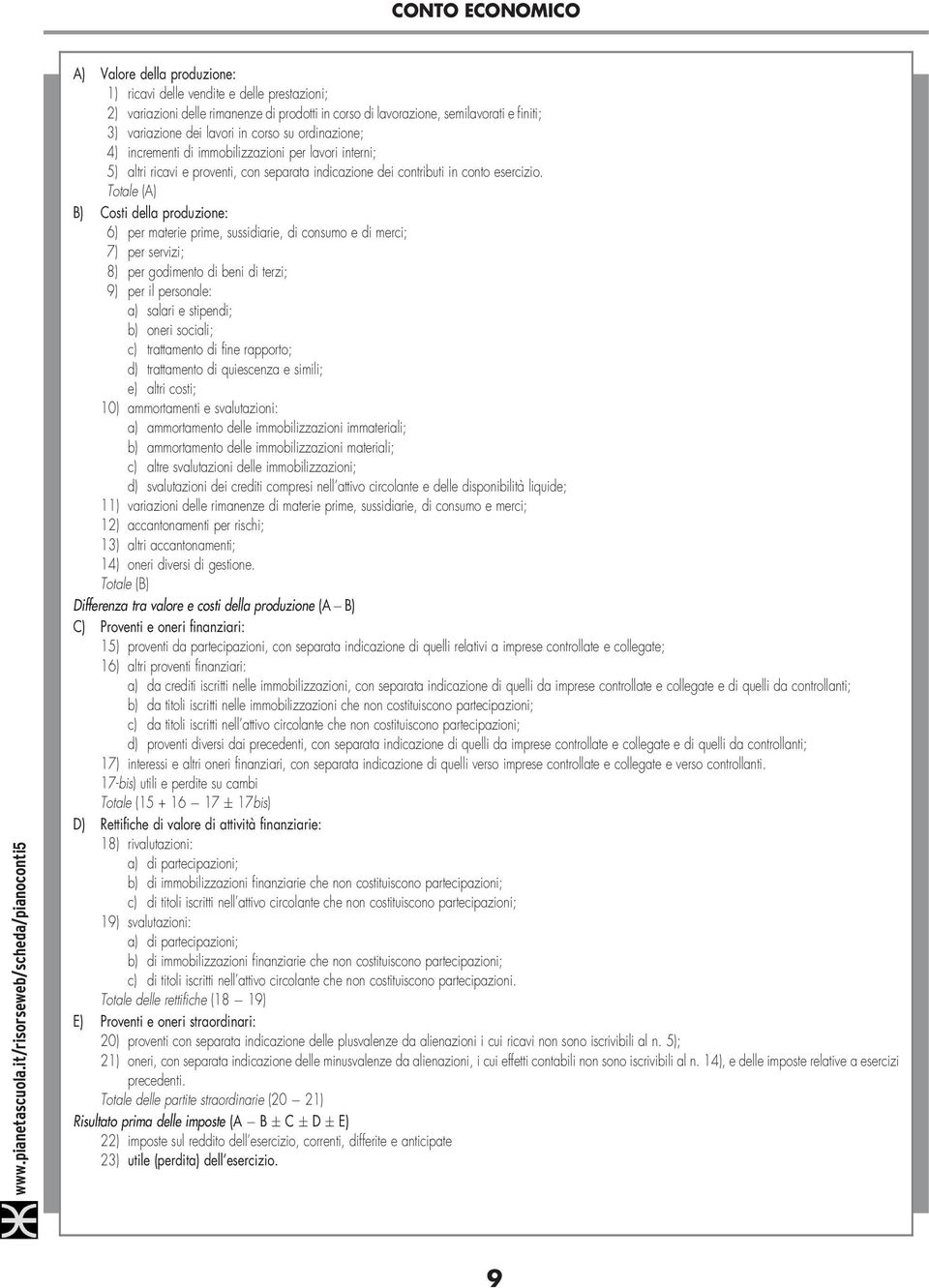 (A) B) Costi della produzione: 6) per materie prime, sussidiarie, di consumo e di merci; 7) per servizi; 8) per godimento di beni di terzi; 9) per il personale: a) salari e stipendi; b) oneri