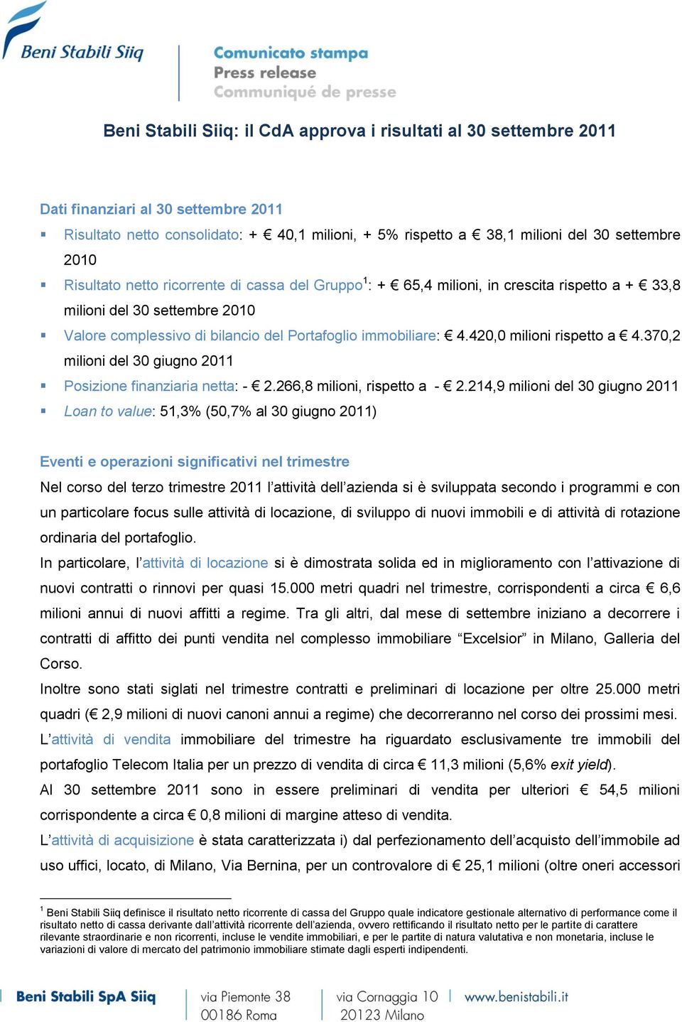 420,0 milioni rispetto a 4.370,2 milioni del 30 giugno 2011 Posizione finanziaria netta: - 2.266,8 milioni, rispetto a - 2.