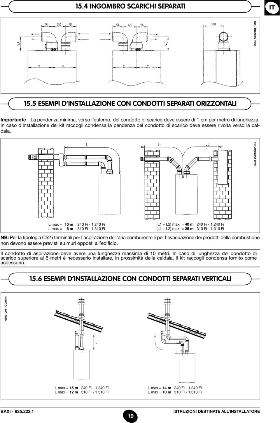 In caso d installazione del kit raccogli condensa la pendenza del condotto di scarico deve essere rivolta verso la caldaia. 0503_2201/CG1643 0504_1806/CG_1794 L max = 10 m 240 Fi - 1.