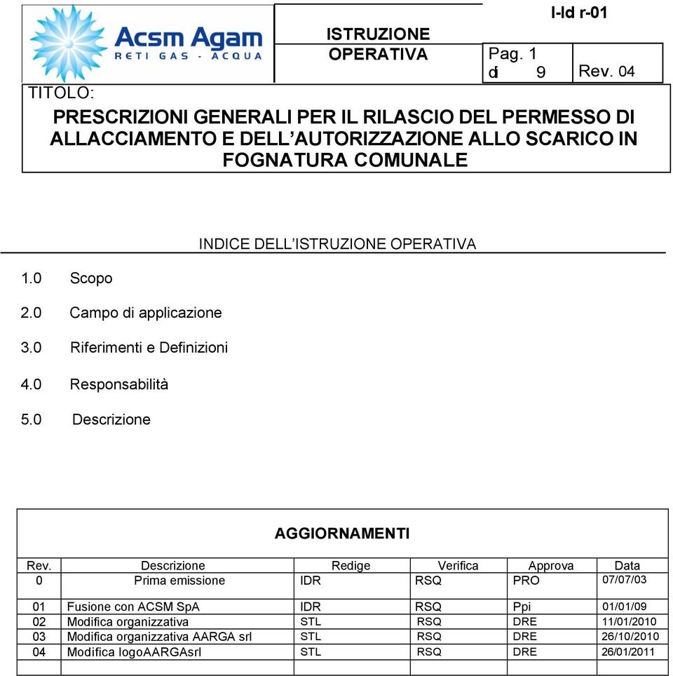 Descrizione Redige Verifica Approva Data 0 Prima emissione IDR RSQ PRO 07/07/03 01 Fusione con ACSM SpA IDR