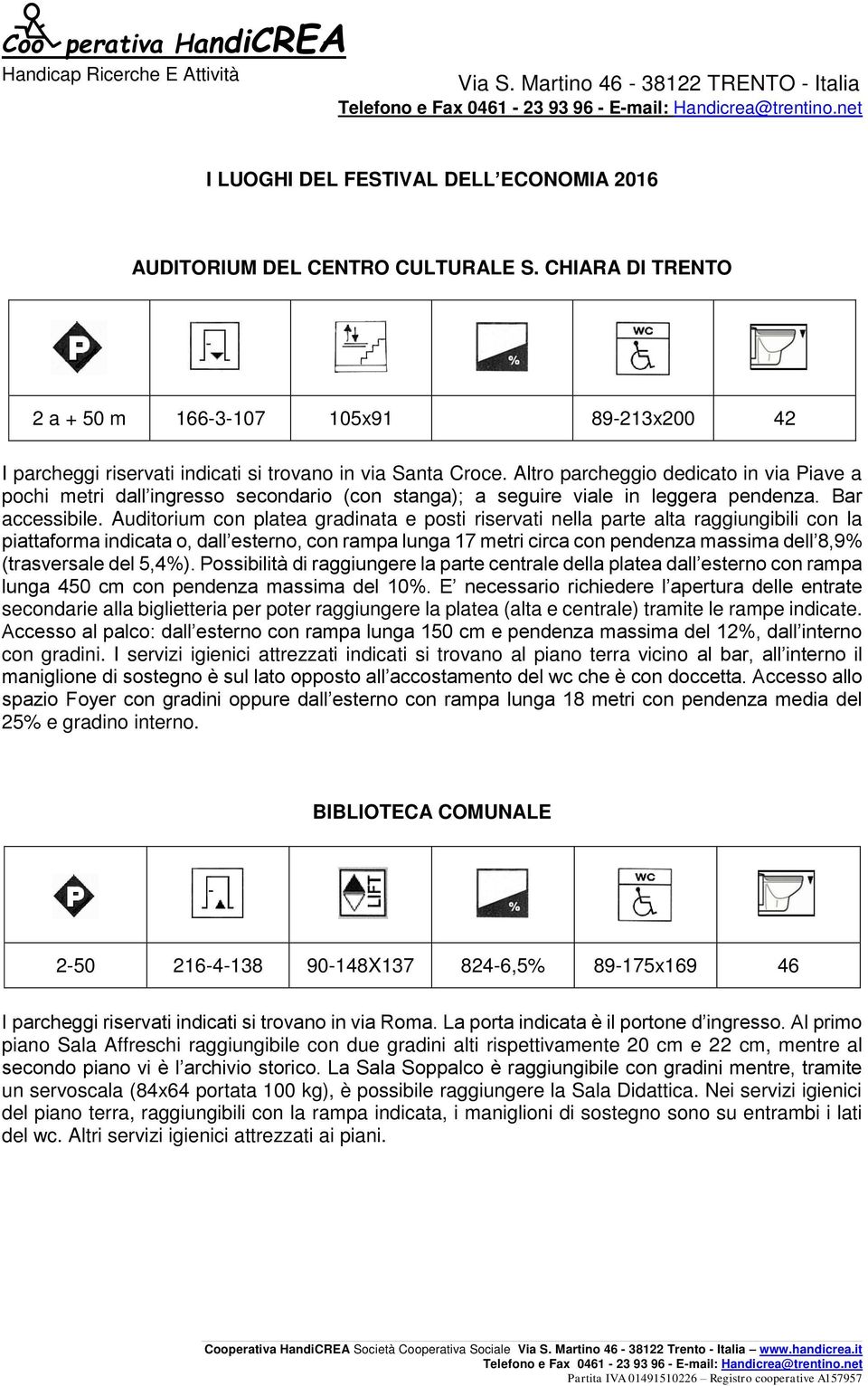 Auditorium con platea gradinata e posti riservati nella parte alta raggiungibili con la piattaforma indicata o, dall esterno, con rampa lunga 17 metri circa con pendenza massima dell 8,9%