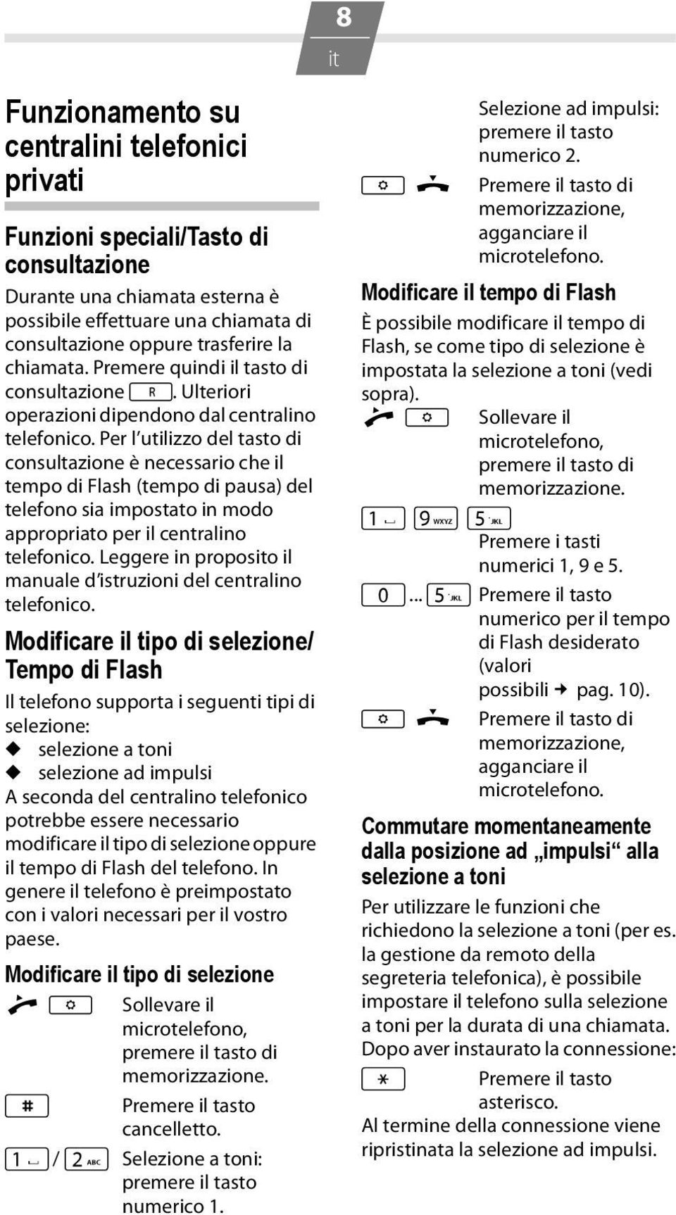 Per l utilizzo del tasto di consultazione è necessario che il tempo di Flash (tempo di pausa) del telefono sia impostato in modo appropriato per il centralino telefonico.