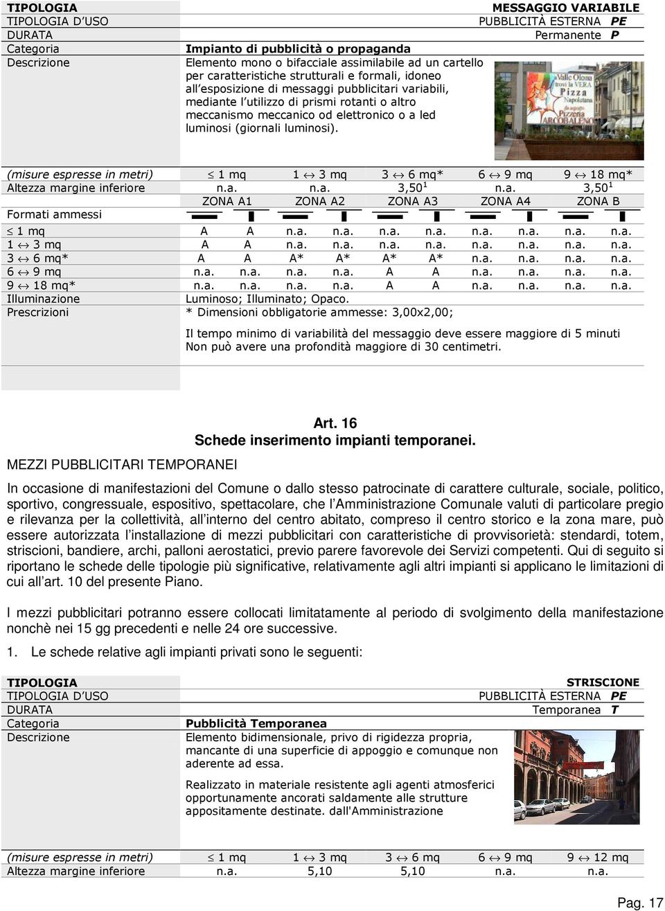 (giornali luminosi). (misure espresse in metri) 1 mq 1 3 mq 3 6 mq* 6 9 mq 9 18 mq* Altezza margine inferiore n.a. n.a. 3,50 1 n.a. 3,50 1 ZONA A1 ZONA A2 ZONA A3 ZONA A4 ZONA B Formati ammessi 1 mq A A n.