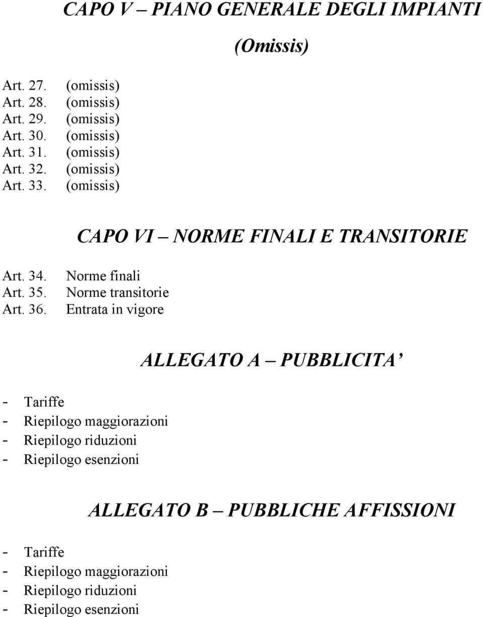 Norme finali Norme transitorie Entrata in vigore - Tariffe - Riepilogo maggiorazioni - Riepilogo riduzioni -