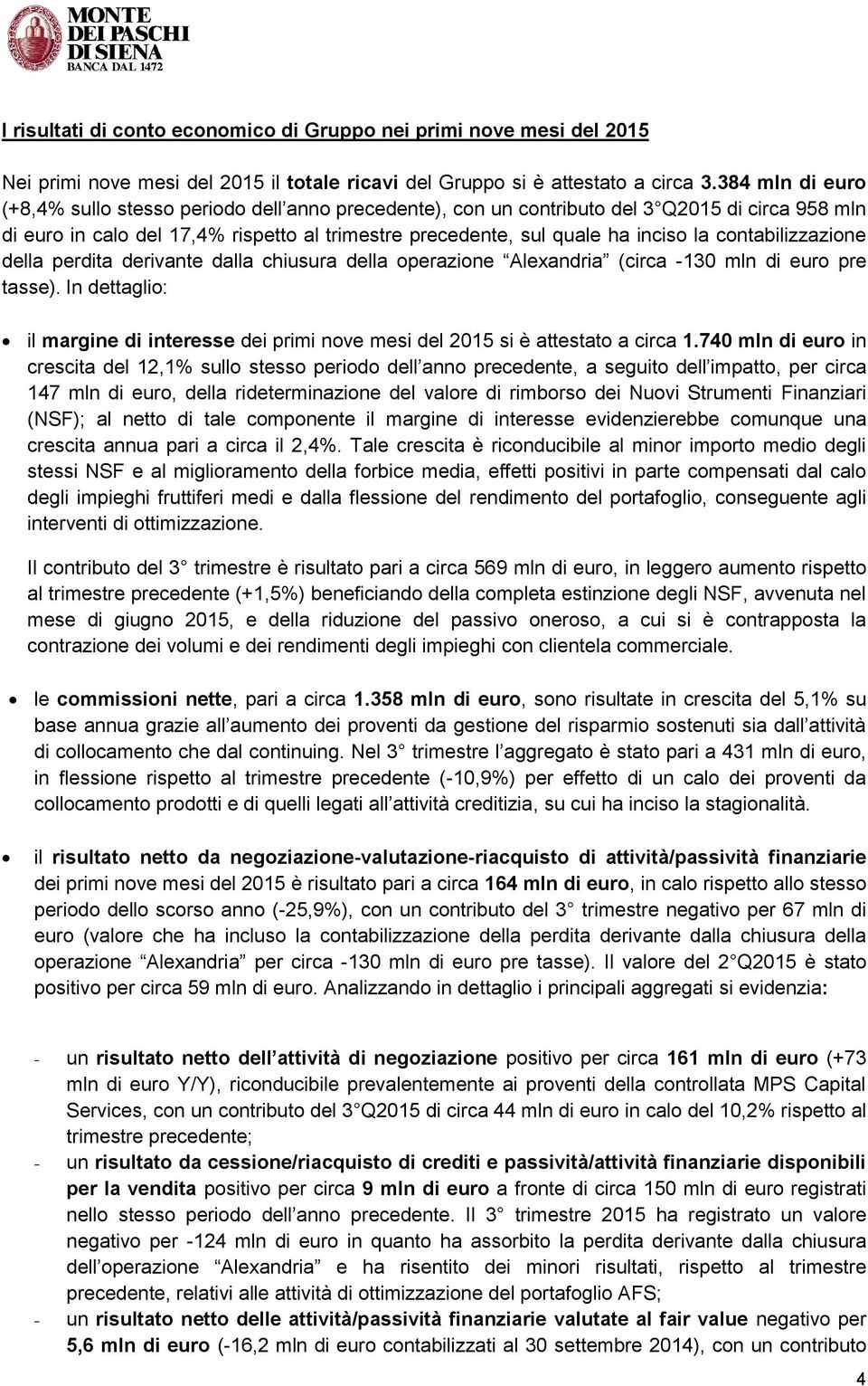 contabilizzazione della perdita derivante dalla chiusura della operazione Alexandria (circa -130 mln di euro pre tasse).