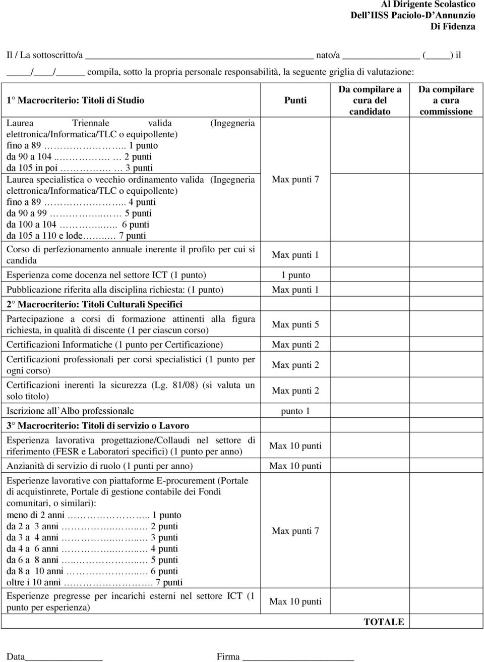 3 punti Laurea specialistica o vecchio ordinamento valida (Ingegneria elettronica/informatica/tlc o equipollente) fino a 89.. 4 punti da 90 a 99.. 5 punti da 100 a 104.... 6 punti da 105 a 110 e lode.