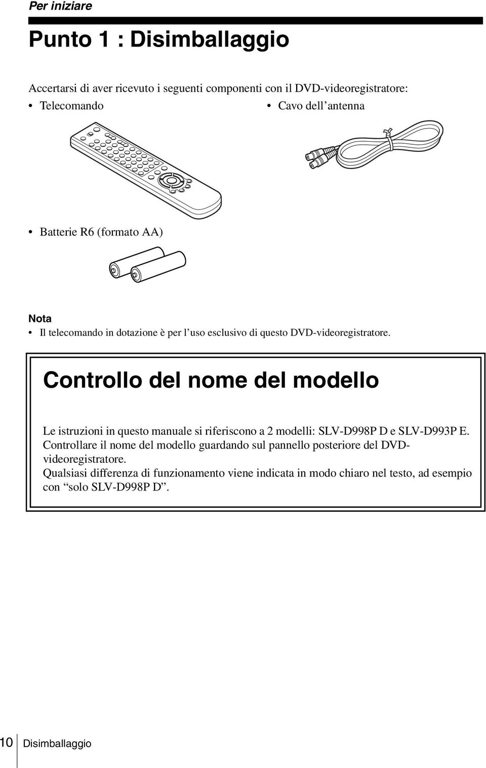 Controllo del nome del modello Le istruzioni in questo manuale si riferiscono a 2 modelli: SLV-D998P D e SLV-D993P E.