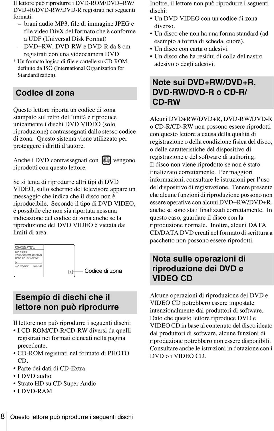 Codice di zona Questo lettore riporta un codice di zona stampato sul retro dell unità e riproduce unicamente i dischi DVD VIDEO (solo riproduzione) contrassegnati dallo stesso codice di zona.