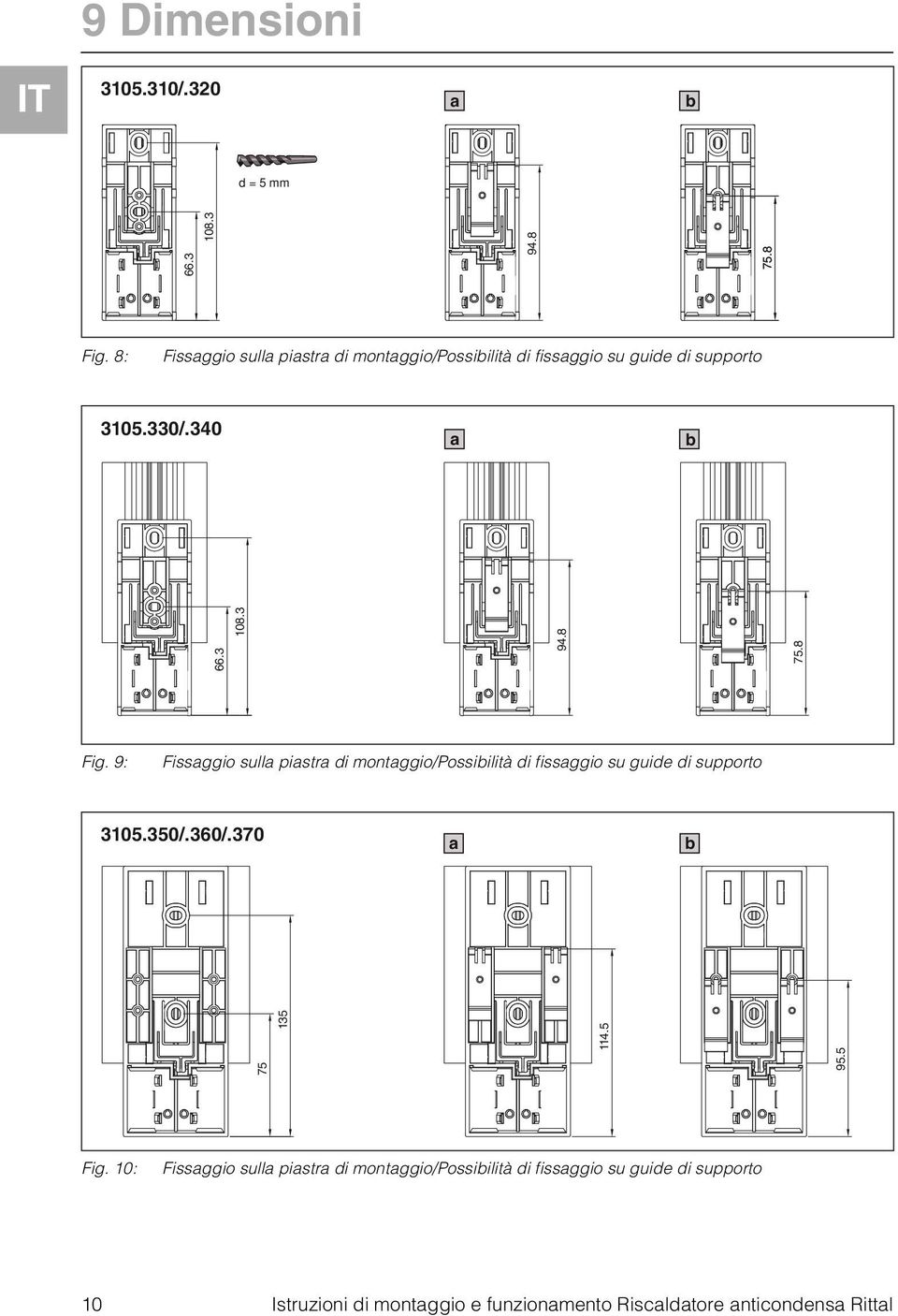 9: Fissaggio sulla piastra di montaggio/possibilità di fissaggio su guide di supporto 305.350/.360/.370 a b Fig.