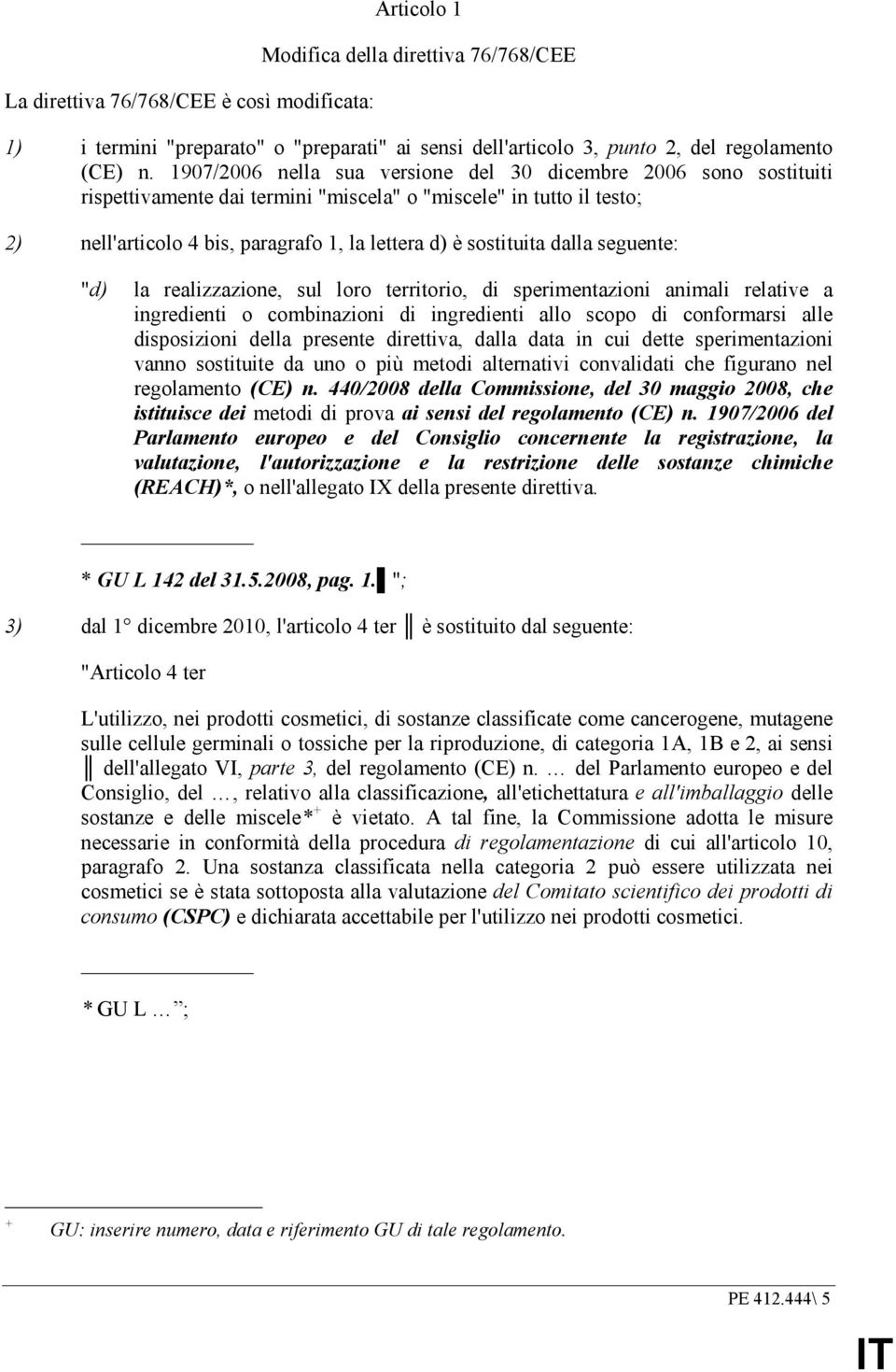 dalla seguente: "d) la realizzazione, sul loro territorio, di sperimentazioni animali relative a ingredienti o combinazioni di ingredienti allo scopo di conformarsi alle disposizioni della presente