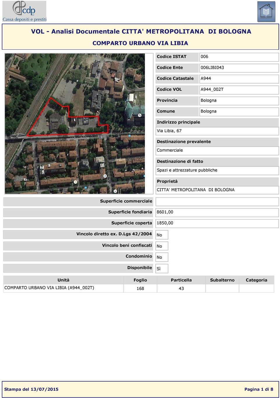 pubbliche Proprietà CITTA' METROPOLITANA DI BOLOGNA Superficie commerciale Superficie fondiaria 8601,00 Superficie coperta 1850,00 Vincolo diretto