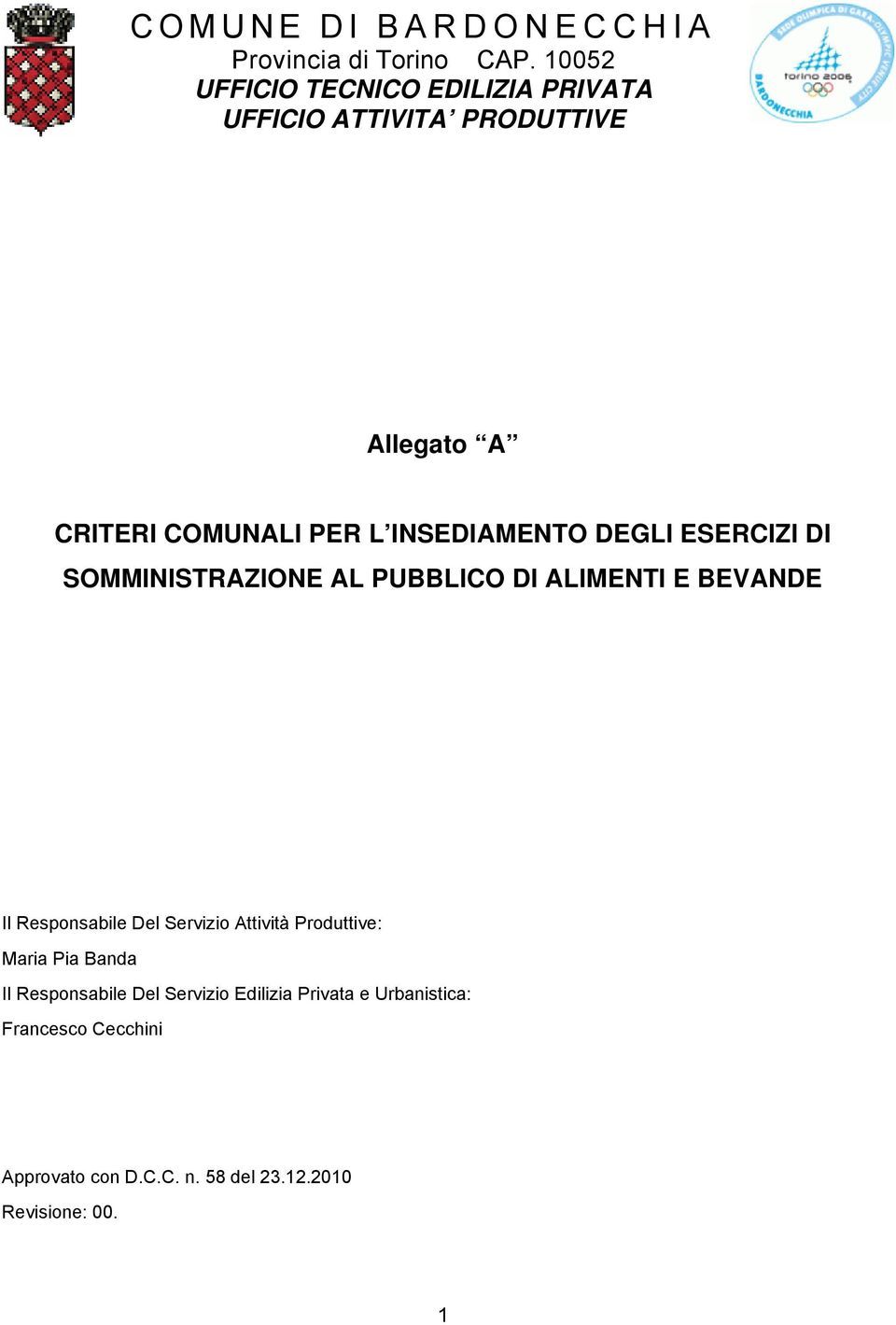 INSEDIAMENTO DEGLI ESERCIZI DI SOMMINISTRAZIONE AL PUBBLICO DI ALIMENTI E BEVANDE Il Responsabile Del