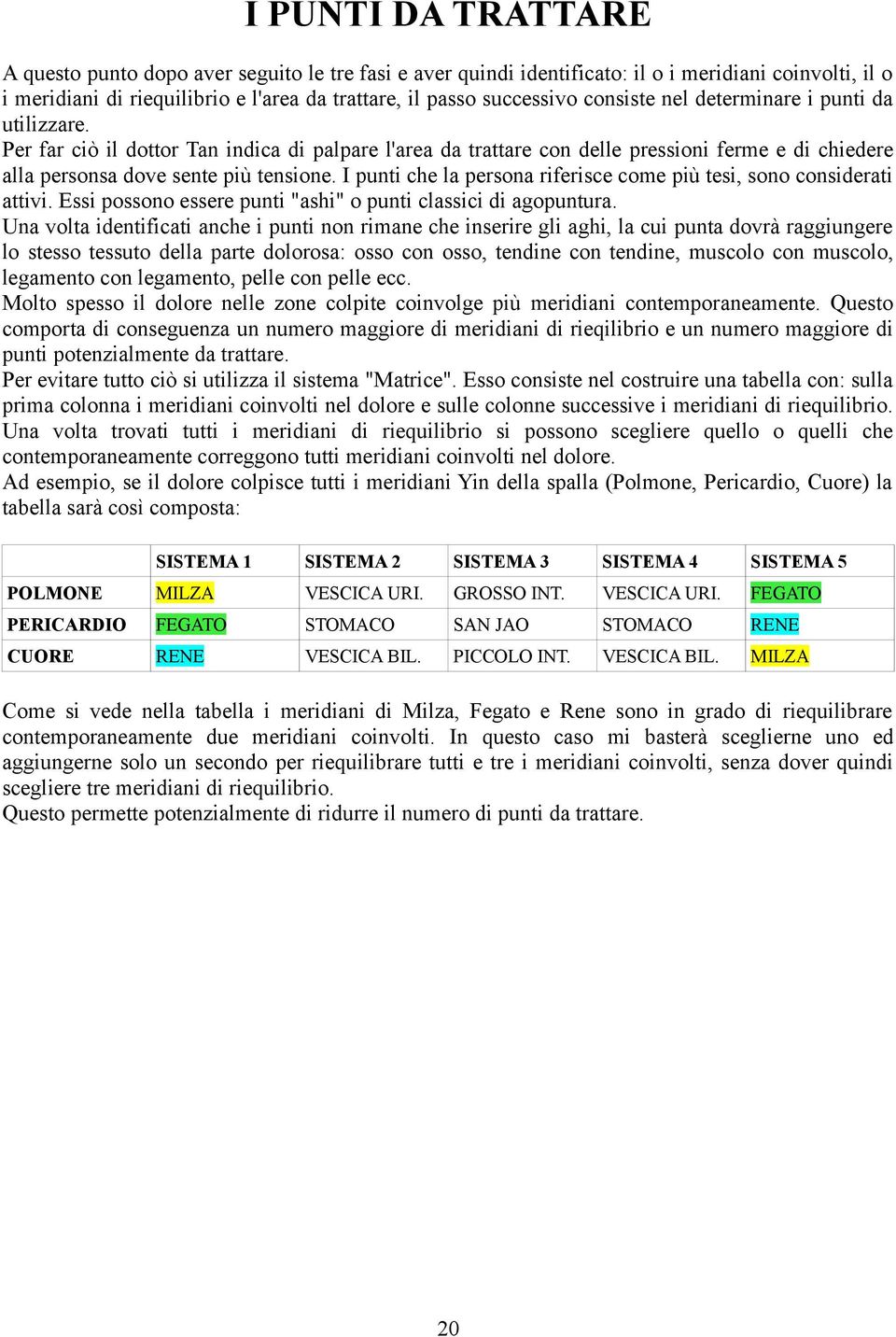 I punti che la persona riferisce come più tesi, sono considerati attivi. Essi possono essere punti "ashi" o punti classici di agopuntura.