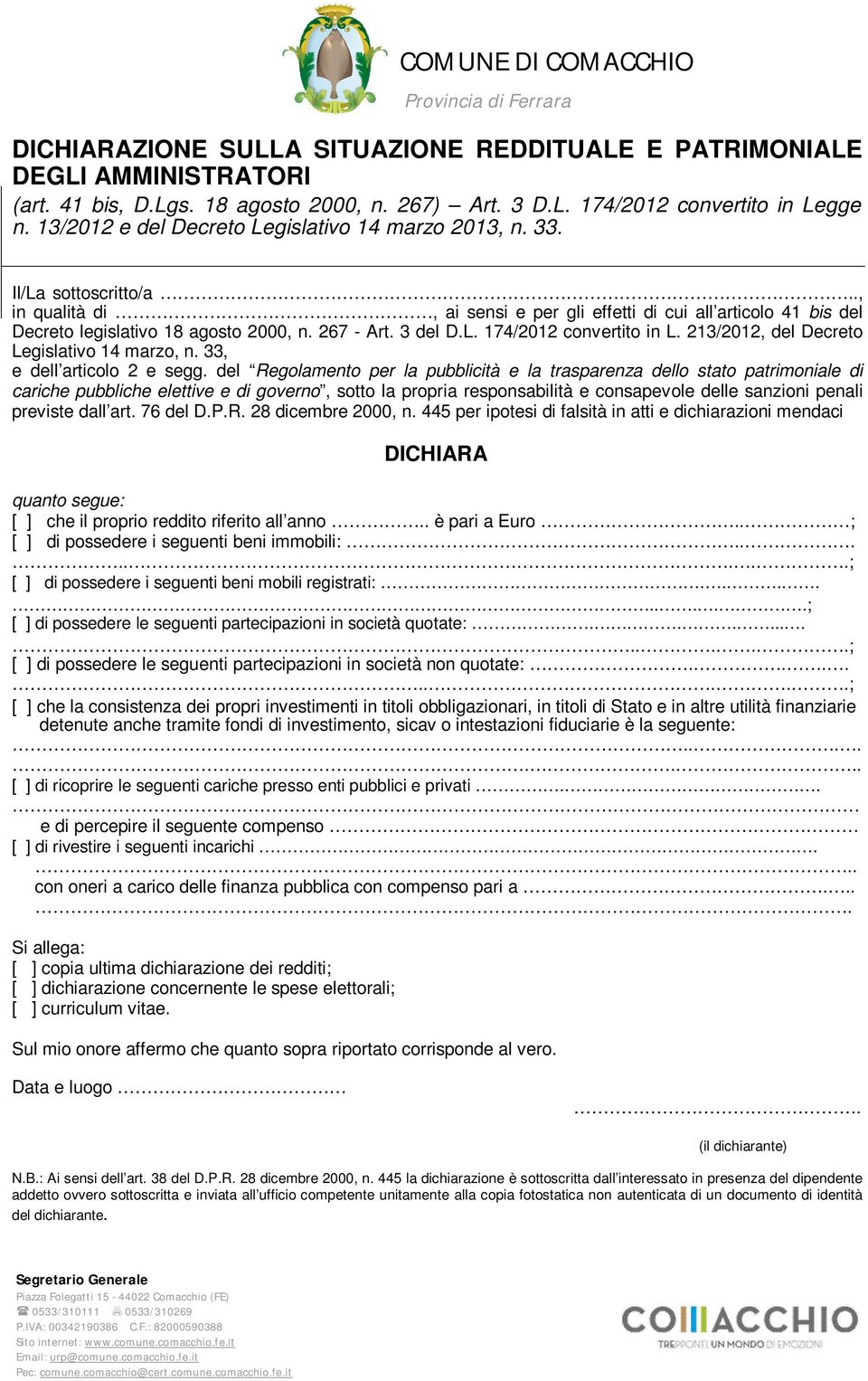 267 - Art. 3 del D.L. 174/2012 convertito in L. 213/2012, del Decreto Legislativo 14 marzo, n. 33, e dell articolo 2 e segg.