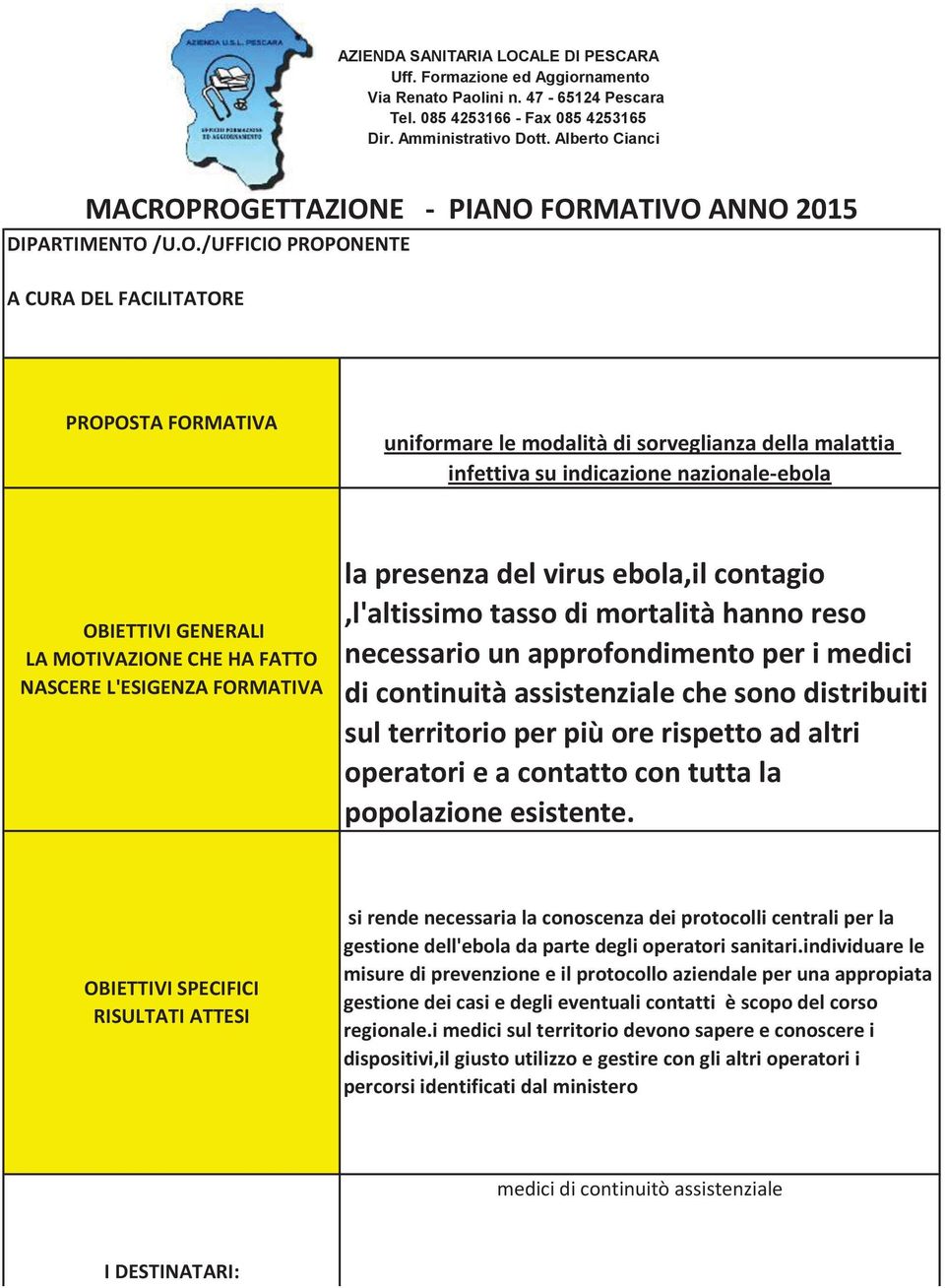 ROGETTAZIONE - PIANO FORMATIVO ANNO 2015 DIPARTIMENTO /U.O./UFFICIO PROPONENTE A CURA DEL FACILITATORE PROPOSTA FORMATIVA uniformare le modalità di sorveglianza della malattia infettiva su