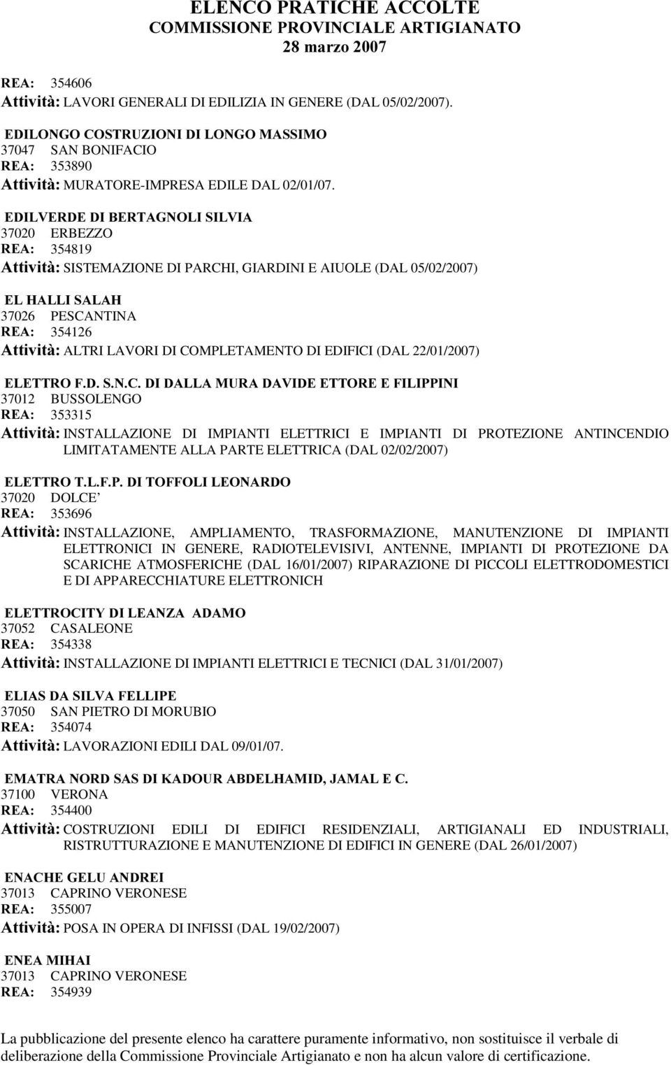 COMPLETAMENTO DI EDIFICI (DAL 22/01/2007) (/(7752)'61&','$//$085$'$9,'((7725((),/,33,1, 37012 BUSSOLENGO 5($ 353315 $WWLYLWj INSTALLAZIONE DI IMPIANTI ELETTRICI E IMPIANTI DI PROTEZIONE ANTINCENDIO