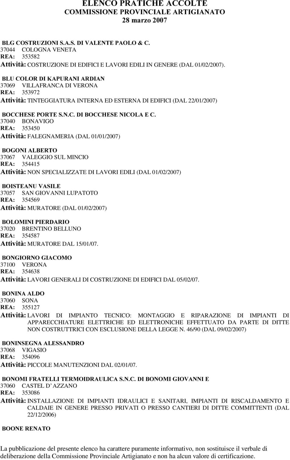 FALEGNAMERIA (DAL 01/01/2007) %2*21,$/%(572 37067 VALEGGIO SUL MINCIO 5($ 354415 $WWLYLWj NON SPECIALIZZATE DI LAVORI EDILI (DAL 01/02/2007) %2,67($189$6,/( 37057 SAN GIOVANNI LUPATOTO 5($ 354569