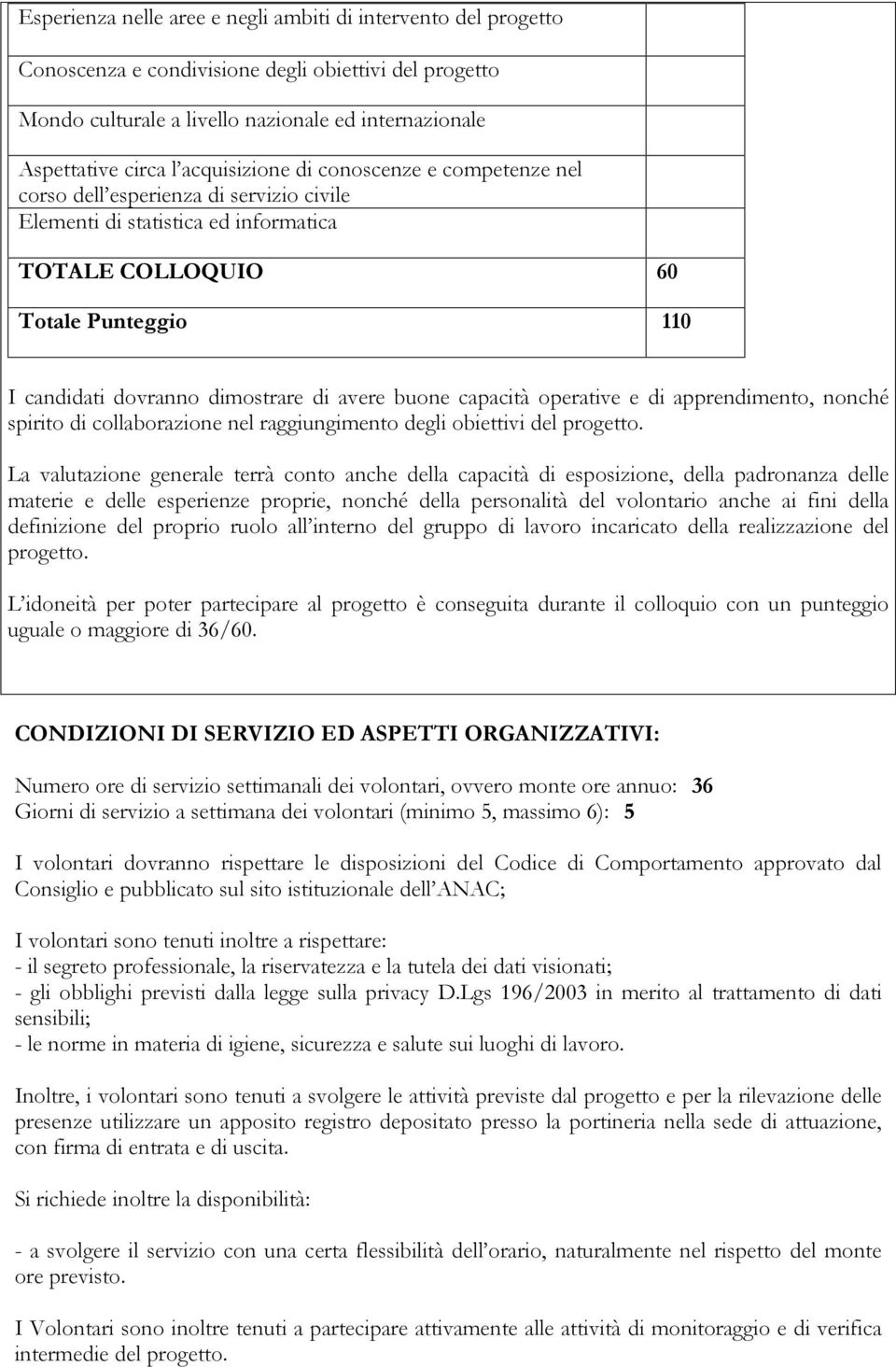 avere buone capacità operative e di apprendimento, nonché spirito di collaborazione nel raggiungimento degli obiettivi del progetto.