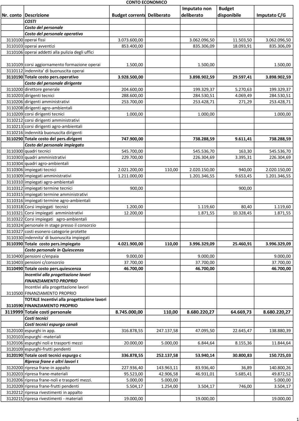 500,00 1.500,00 3110112 indennita' di buonuscita operai 3110190 Totale costo pers.operativo 3.928.500,00 3.898.902,59 29.597,41 3.898.902,59 Costo del personale dirigente 3110200 direttore generale 204.