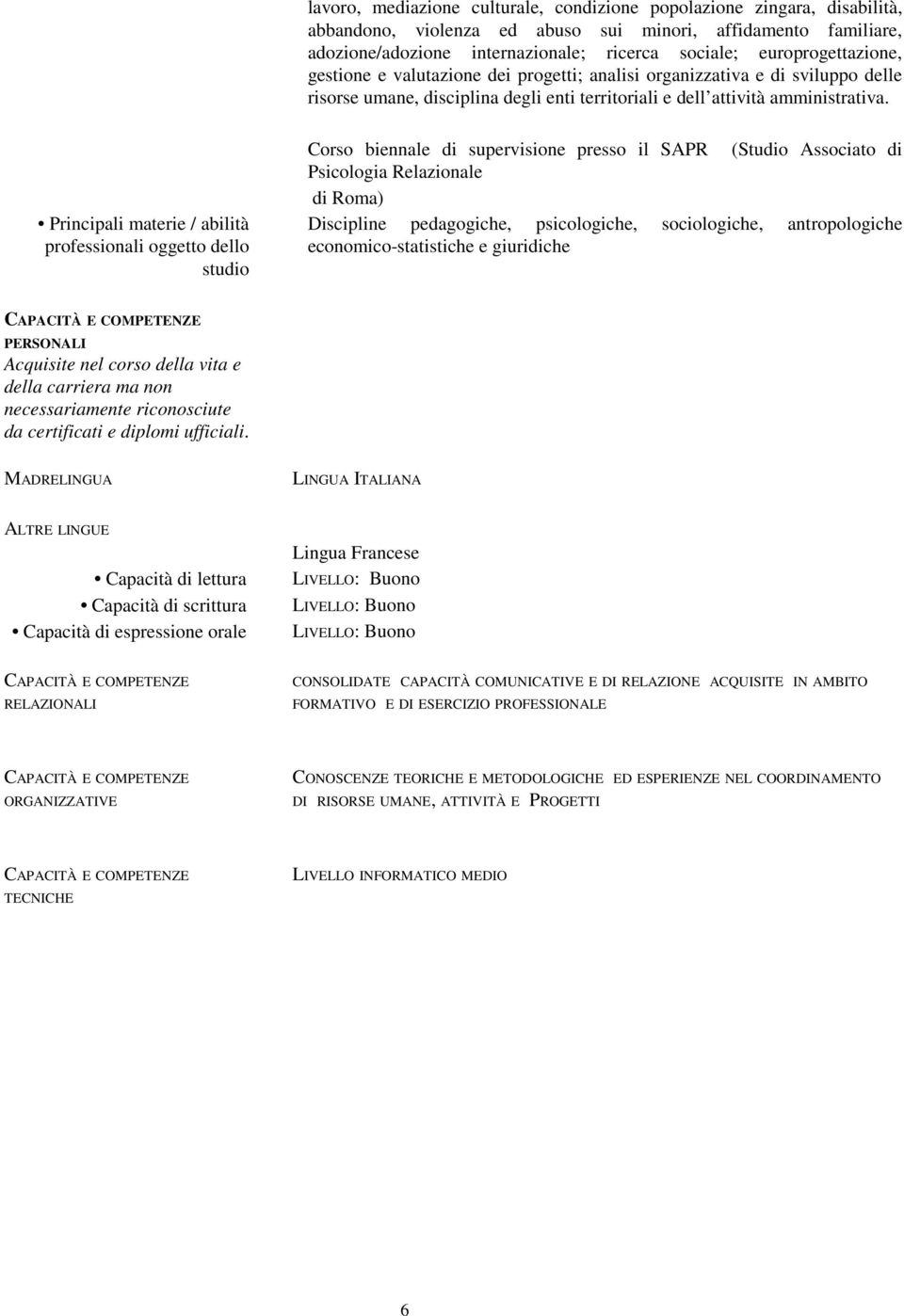 Principali materie / abilità professionali oggetto dello studio Corso biennale di supervisione presso il SAPR (Studio Associato di Psicologia Relazionale di Roma) Discipline pedagogiche,