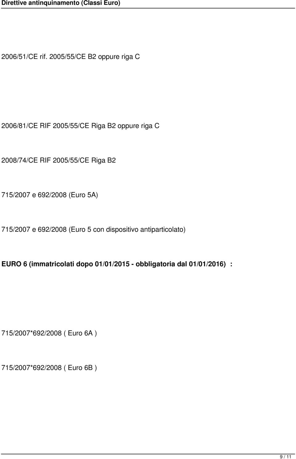 RIF 2005/55/CE Riga B2 715/2007 e 692/2008 (Euro 5A) 715/2007 e 692/2008 (Euro 5 con