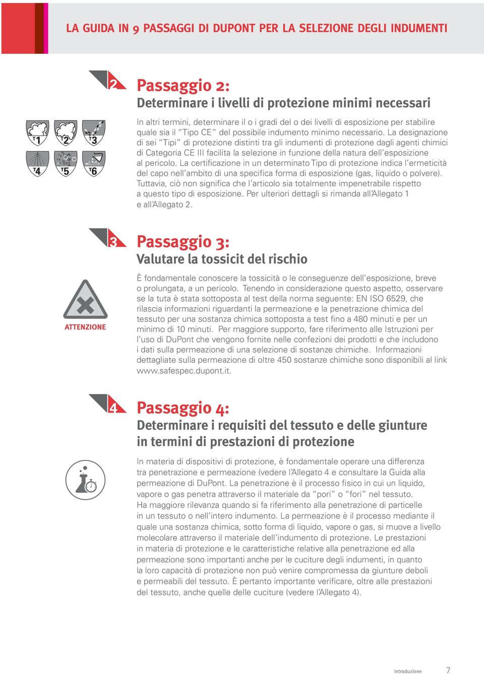 La designazione di sei Tipi di protezione distinti tra gli indumenti di protezione dagli agenti chimici di Categoria CE III facilita la selezione in funzione della natura dell esposizione al pericolo.