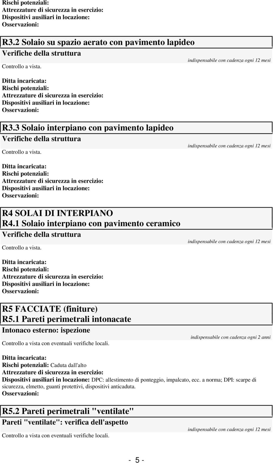 1 Solaio interpiano con pavimento ceramico Verifiche della struttura Controllo a vista. Rischi potenziali: R5 FACCIATE (finiture) R5.