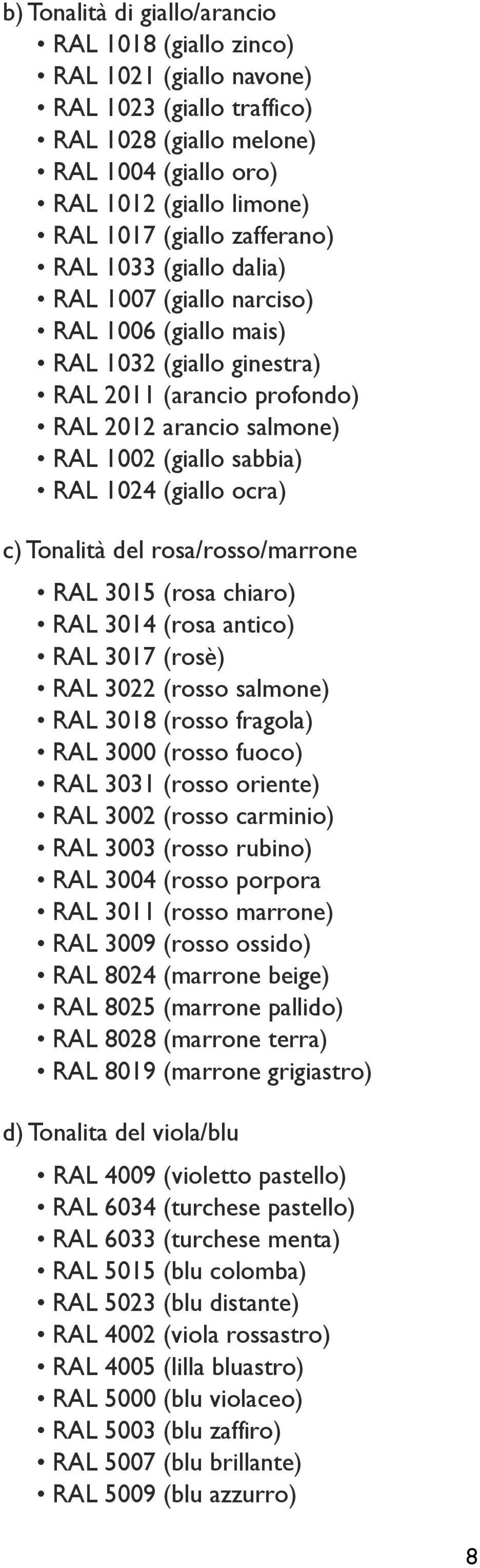 (giallo ocra) c) Tonalità del rosa/rosso/marrone RAL 3015 (rosa chiaro) RAL 3014 (rosa antico) RAL 3017 (rosè) RAL 3022 (rosso salmone) RAL 3018 (rosso fragola) RAL 3000 (rosso fuoco) RAL 3031 (rosso