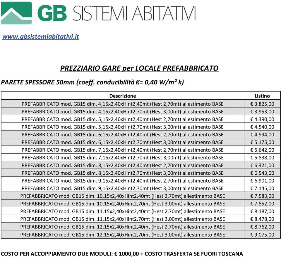 390,00 PREFABBRICATO mod. GB15 dim. 5,15x2,40xHint2,70mt (Hest 3,00mt) allestimento BASE 4.540,00 PREFABBRICATO mod. GB15 dim. 6,15x2,40xHint2,40mt (Hest 2,70mt) allestimento BASE 4.