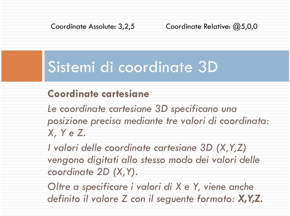 I valori delle coordinate cartesiane 3D (X,Y,Z) vengono digitati allo stesso modo dei valori delle