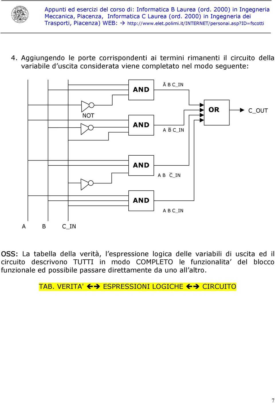 espressione logica delle variabili di uscita ed il circuito descrivono TUTTI in modo COMPLETO le