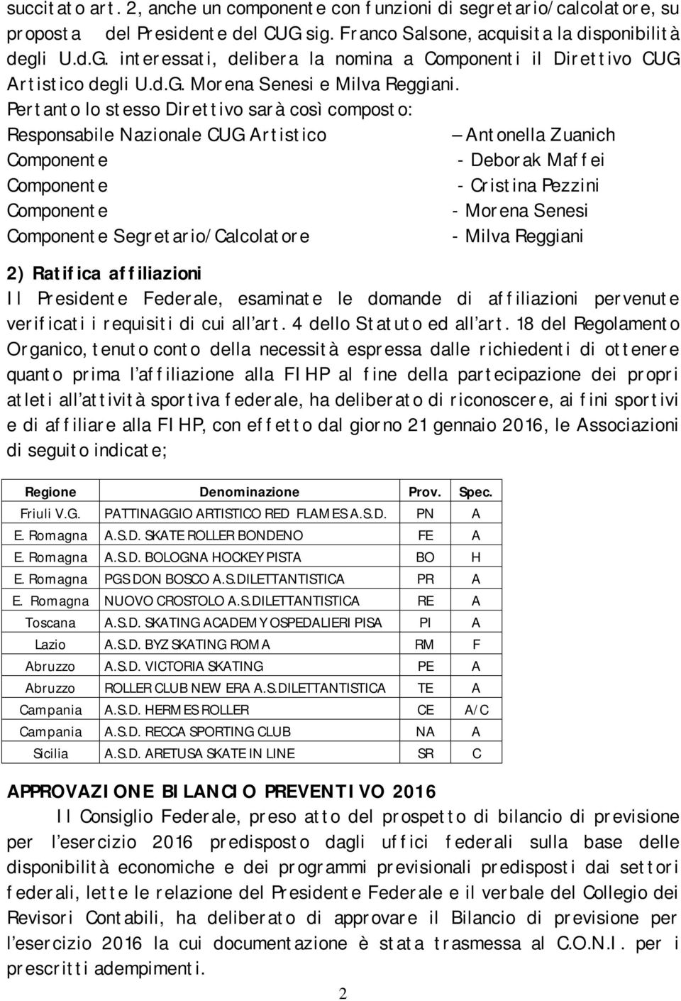 Pertanto lo stesso Direttivo sarà così composto: Responsabile Nazionale CUG Artistico Antonella Zuanich Componente - Deborak Maffei Componente - Cristina Pezzini Componente - Morena Senesi Componente