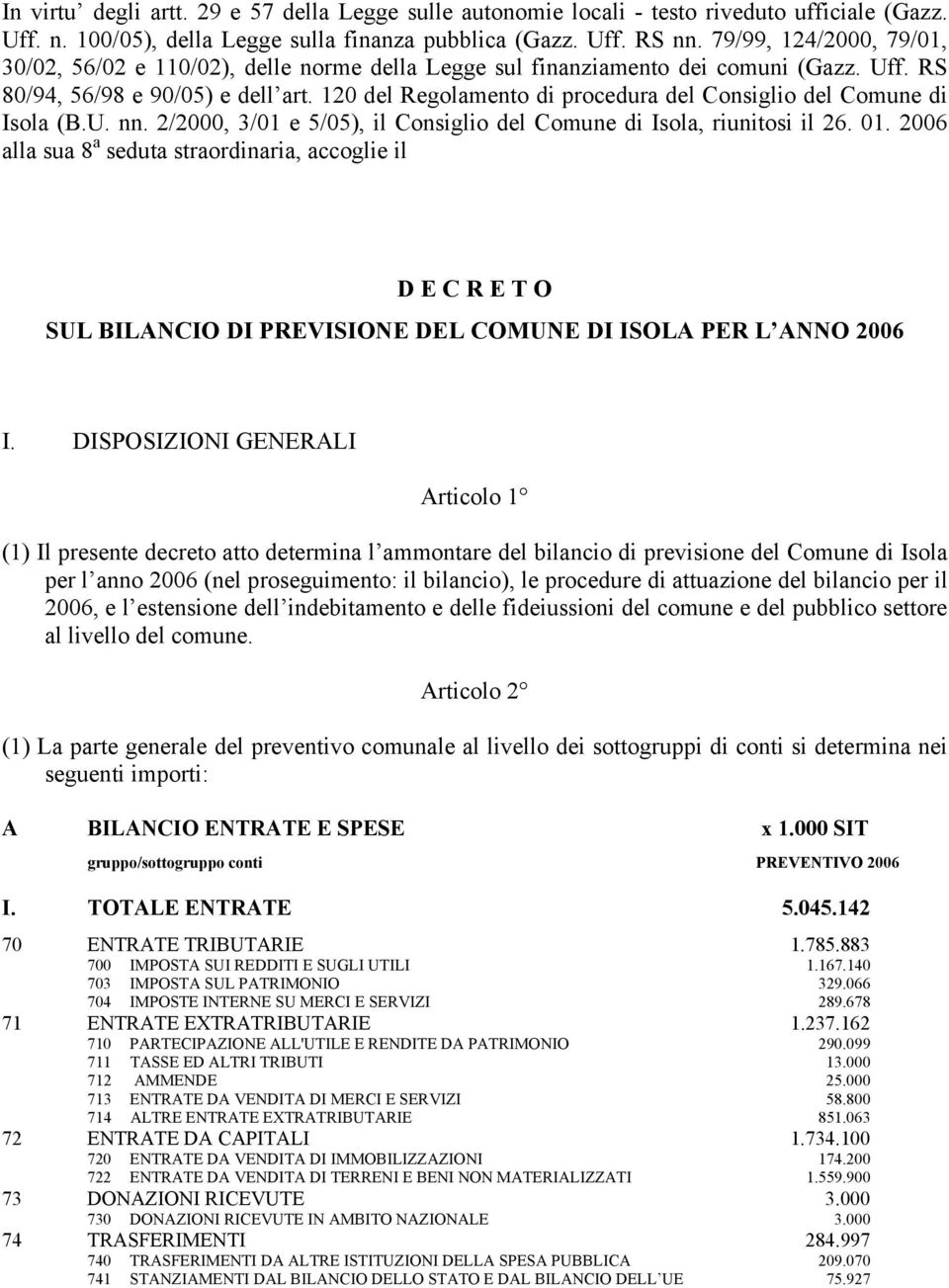 120 del Regolamento di procedura del Consiglio del Comune di Isola (B.U. nn. 2/2000, 3/01 e 5/05), il Consiglio del Comune di Isola, riunitosi il 26. 01.