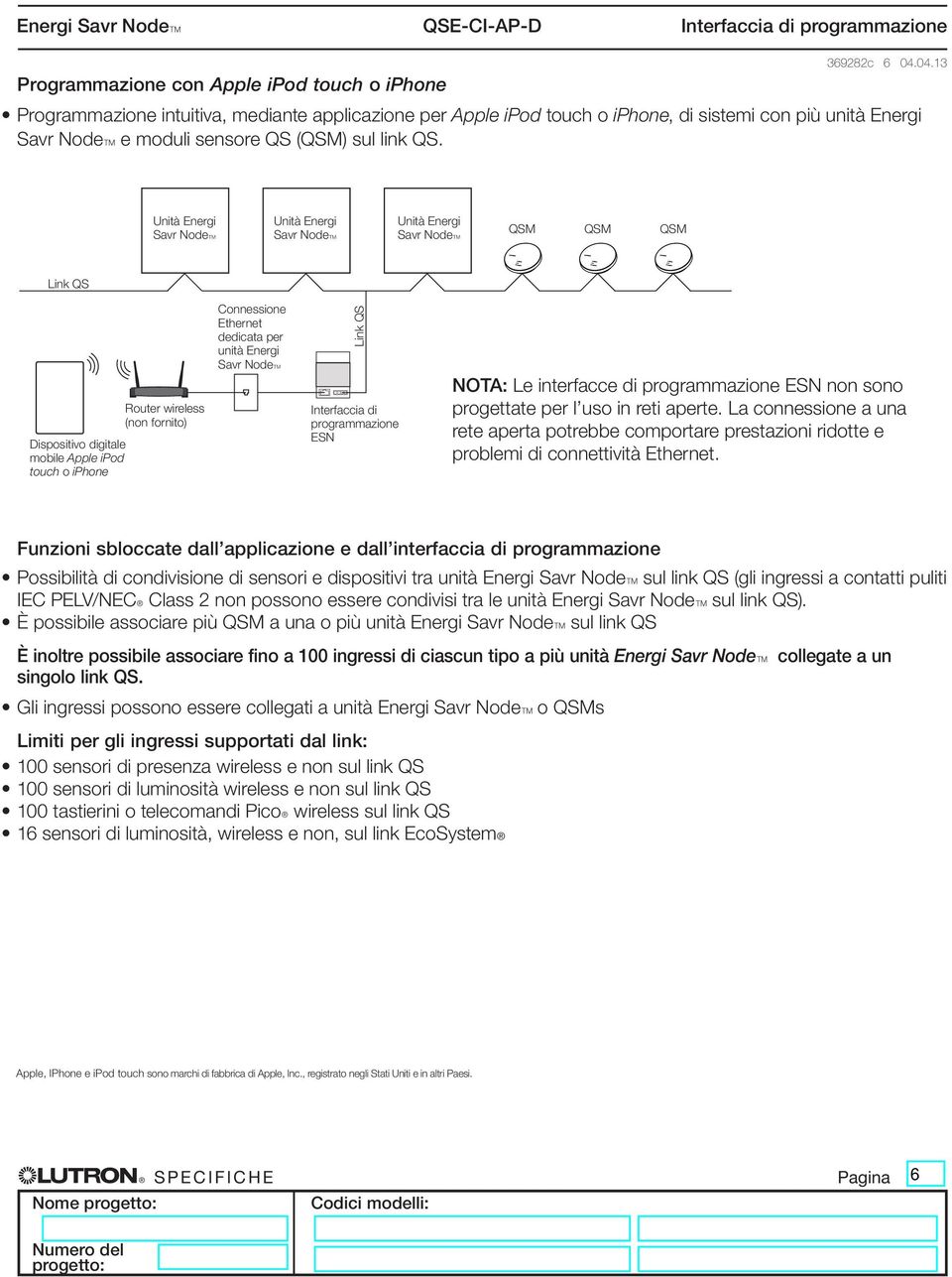 QSM QSM QSM Dispositivo digitale mobile Apple ipod touch o iphone Router wireless (non fornito) Connessione Ethernet dedicata per unità Energi Interfaccia di programmazione NOTA: Le interfacce non