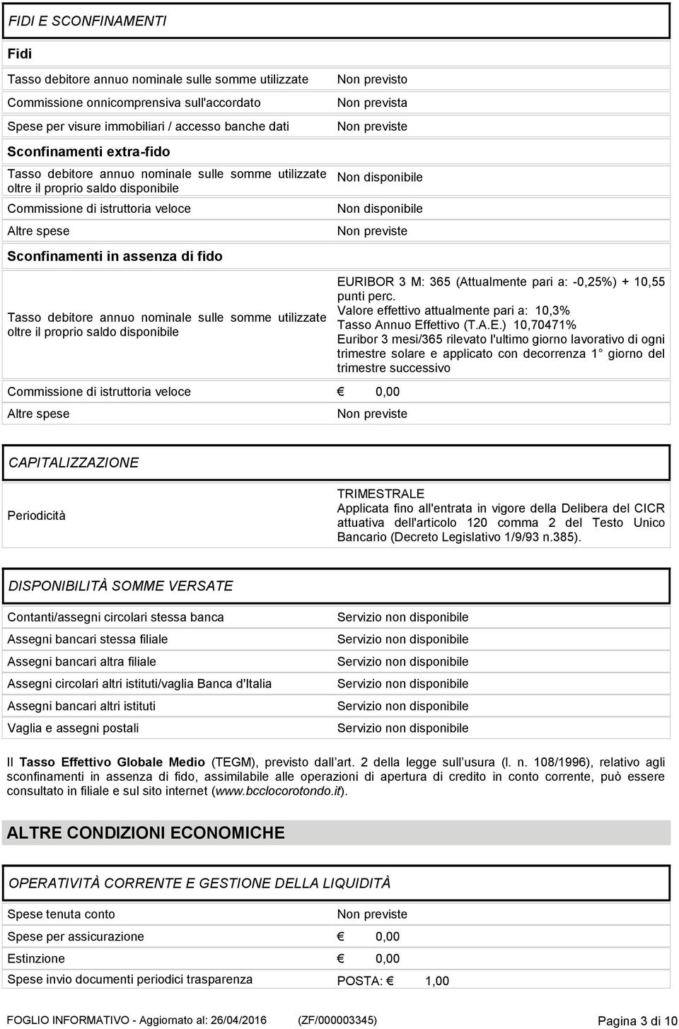 sulle somme utilizzate oltre il proprio saldo disponibile Non previsto Non prevista EURIBOR 3 M: 365 (Attualmente pari a: -0,25%) + 10,55 punti perc.