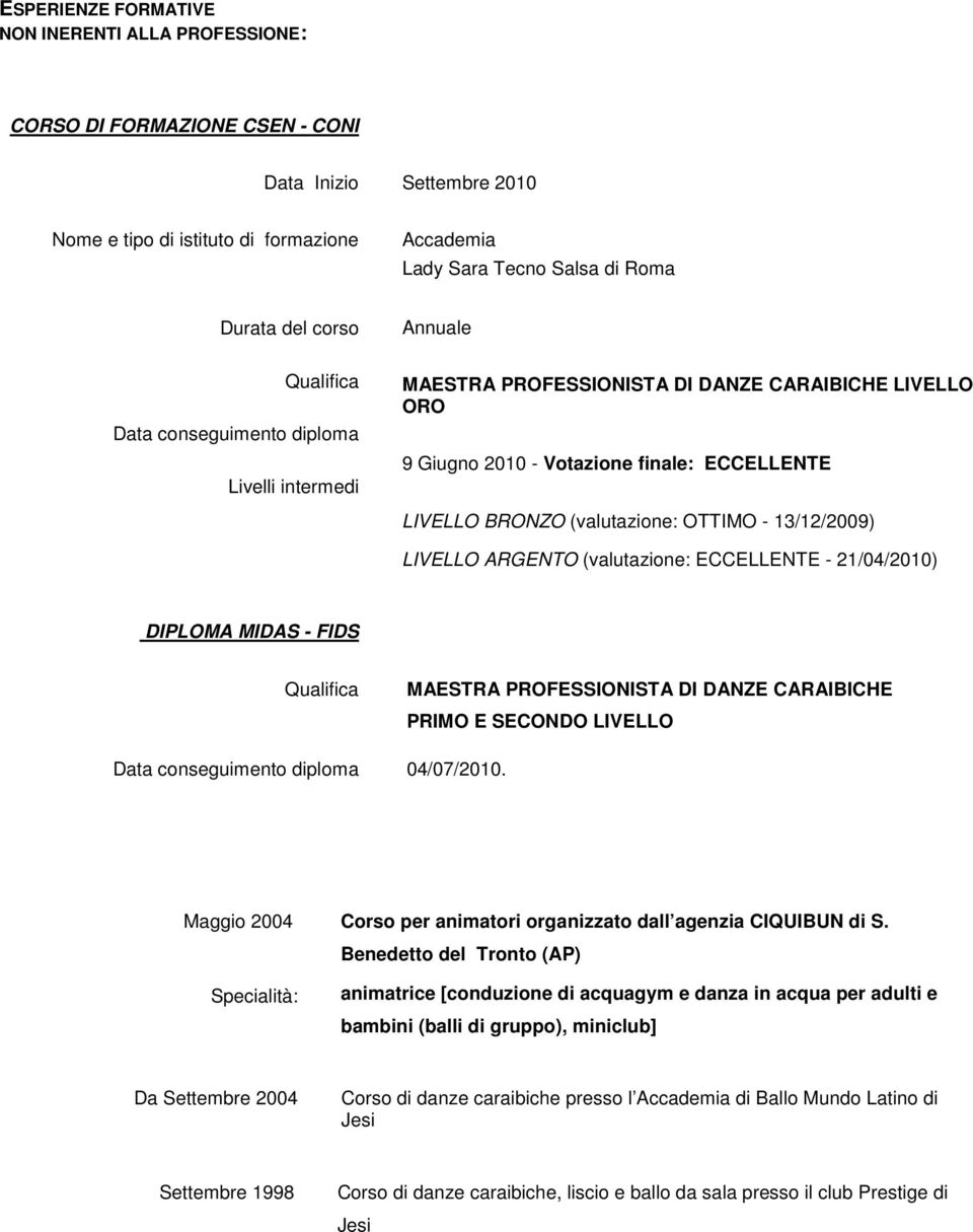 LIVELLO ARGENTO (valutazione: ECCELLENTE - 21/04/2010) DIPLOMA MIDAS - FIDS Data conseguimento diploma MAESTRA PROFESSIONISTA DI DANZE CARAIBICHE PRIMO E SECONDO LIVELLO 04/07/2010.