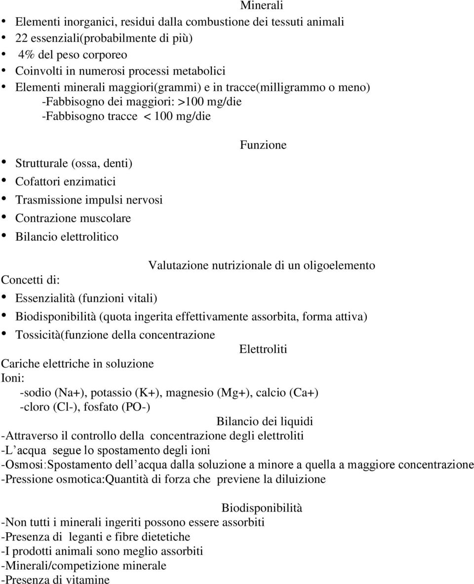 Contrazione muscolare Bilancio elettrolitico Funzione Valutazione nutrizionale di un oligoelemento Concetti di: Essenzialità (funzioni vitali) Biodisponibilità (quota ingerita effettivamente