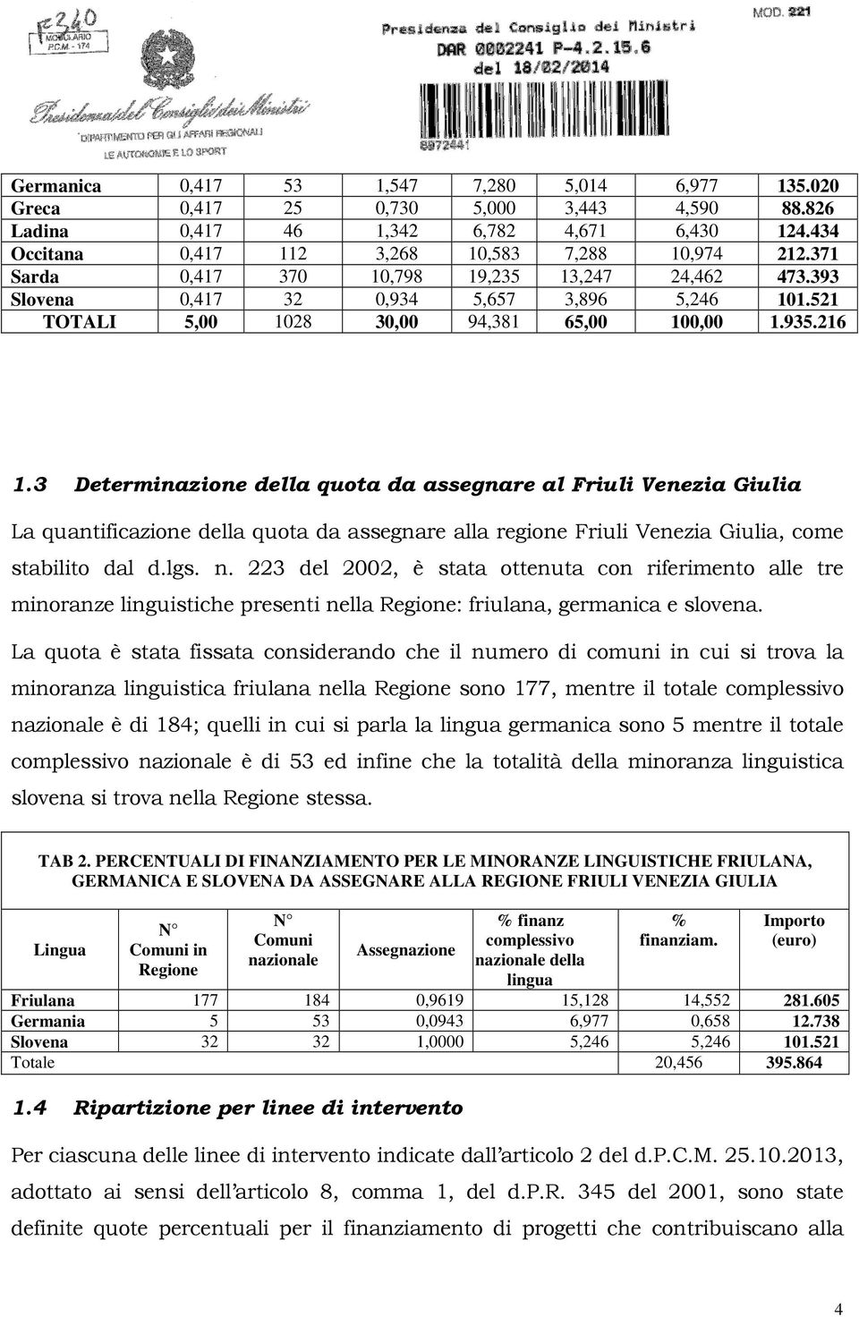 3 Determinazione della quota da assegnare al Friuli Venezia Giulia La quantificazione della quota da assegnare alla regione Friuli Venezia Giulia, come stabilito dal d.lgs. n.