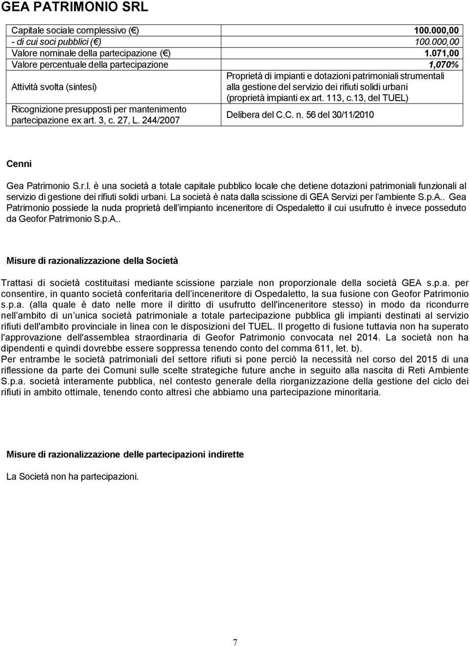 113, c.13, del TUEL) Gea Patrimonio S.r.l. è una società a totale capitale pubblico locale che detiene dotazioni patrimoniali funzionali al servizio di gestione dei rifiuti solidi urbani.