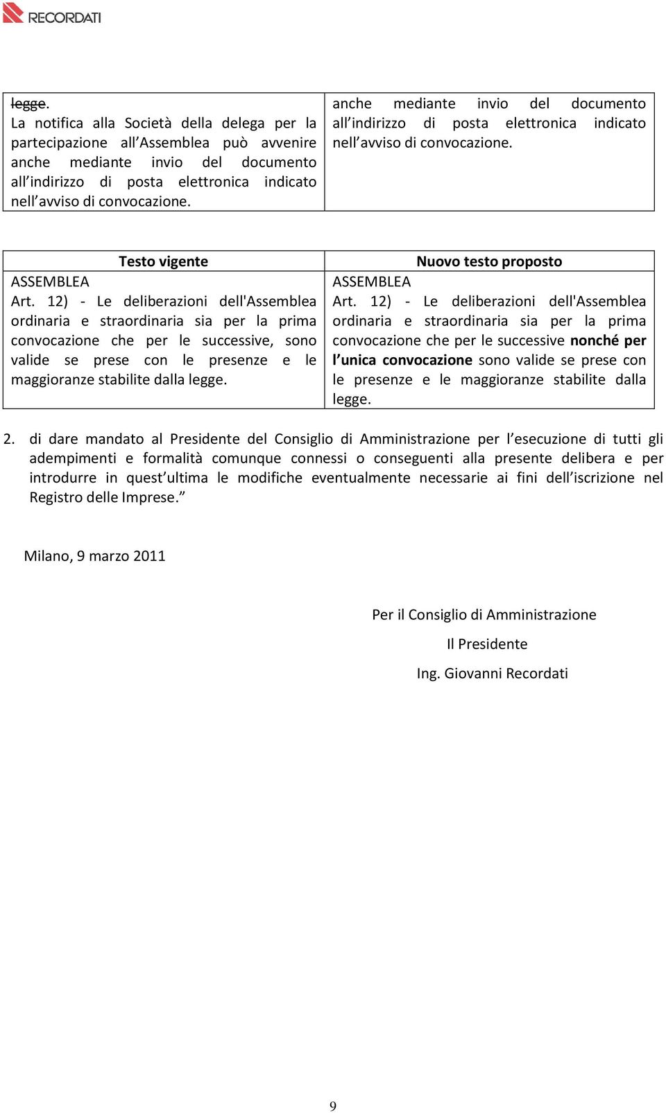 anche mediante invio del documento all indirizzo di posta elettronica indicato nell avviso di convocazione. Testo vigente ASSEMBLEA Art.