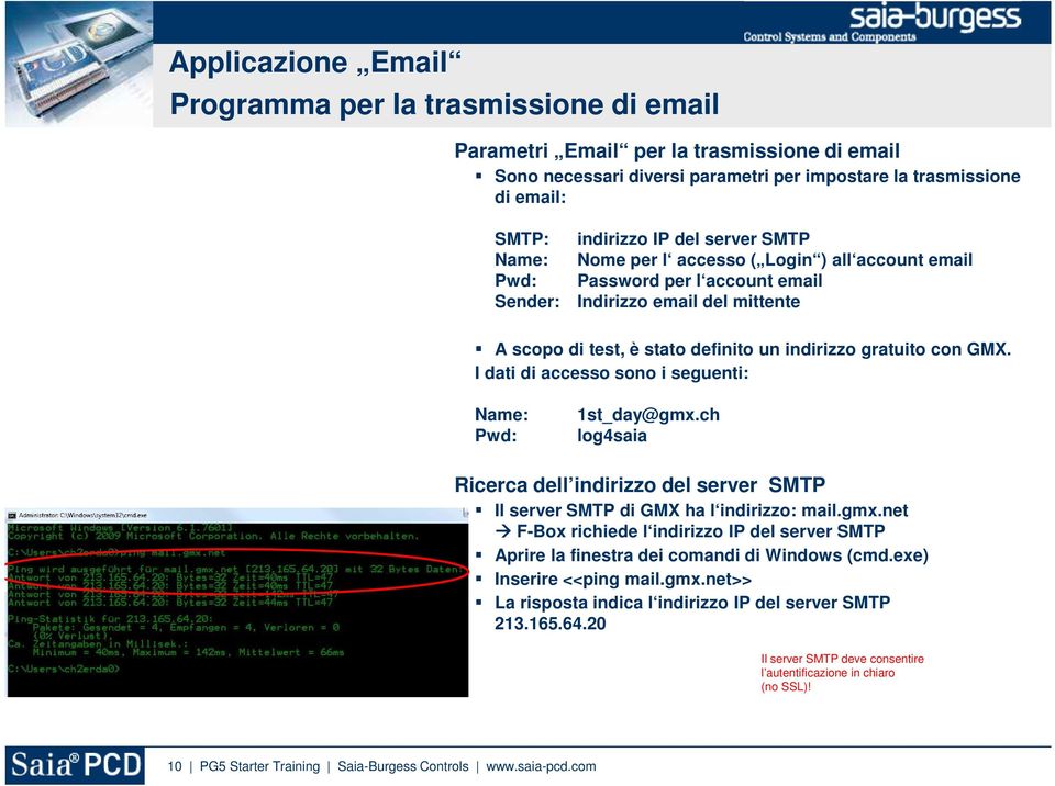 I dati di accesso sono i seguenti: Name: Pwd: 1st_day@gmx.ch log4saia Ricerca dell indirizzo del server SMTP Il server SMTP di GMX ha l indirizzo: mail.gmx.net F-Box richiede l indirizzo IP del server SMTP Aprire la finestra dei comandi di Windows (cmd.