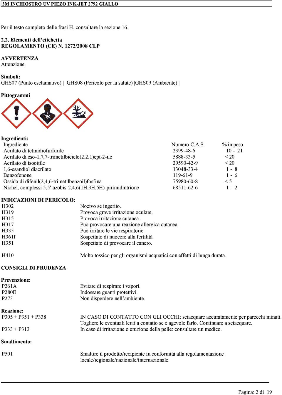 2.1)pt-2-il 5888-33-5 < 20 Acrilato di isoottil 29590-42-9 < 20 1,6-sandiol diacrilato 13048-33-4 1-8 Bnzofnon 119-61-9 1-6 Ossido di difnil(2,4,6-trimtilbnzoil)fosfina 75980-60-8 < 5 Nichl, complssi