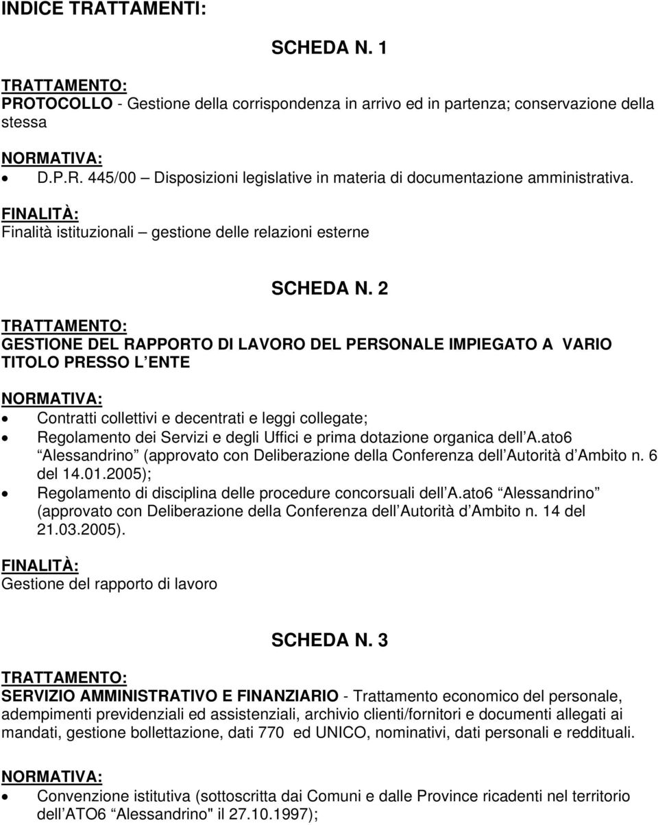 2 TRATTAMENTO: GESTIONE DEL RAPPORTO DI LAVORO DEL PERSONALE IMPIEGATO A VARIO TITOLO PRESSO L ENTE NORMATIVA: Contratti collettivi e decentrati e leggi collegate; Regolamento dei Servizi e degli