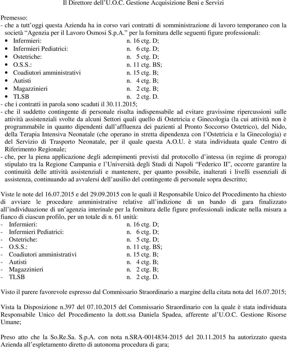 16 ctg. D; Infermieri Pediatrici: n. 6 ctg. D; Ostetriche: n. 5 ctg. D; O.S.S.: n. 11 ctg. BS; Coadiutori amministrativi n. 15 ctg. B; Autisti n. 4 ctg. B; Magazzinieri n. 2 ctg. B; TLSB n. 2 ctg. D. - che i contratti in parola sono scaduti il 30.