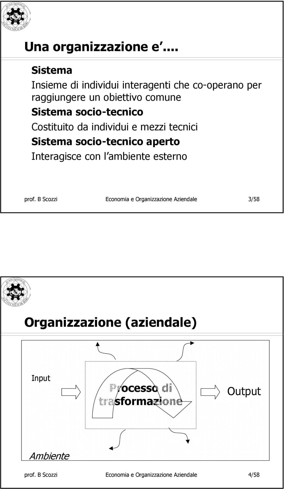 socio-tecnico Costituito da individui e mezzi tecnici Sistema socio-tecnico aperto Interagisce con l