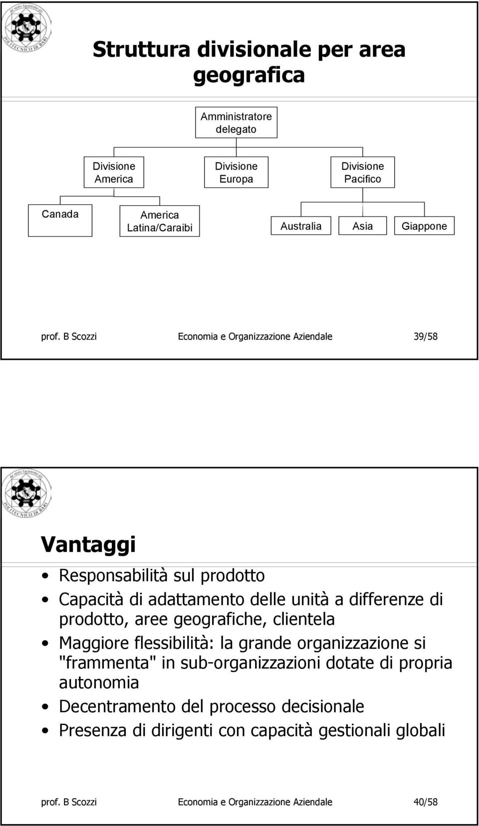 B Scozzi Economia e Organizzazione Aziendale 39/58 Vantaggi Responsabilità sul prodotto Capacità di adattamento delle unità a differenze di prodotto, aree