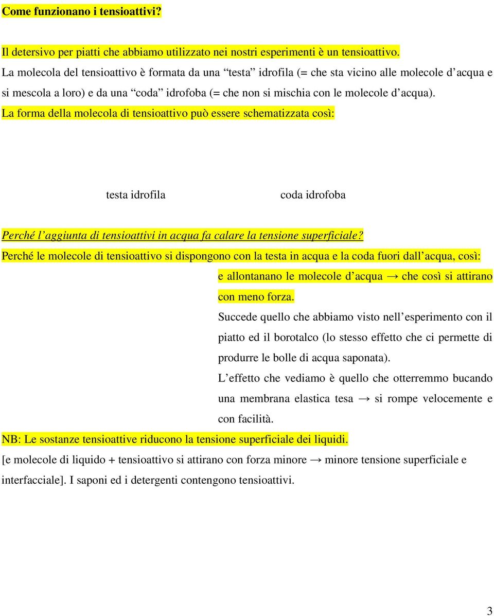 La forma della molecola di tensioattivo può essere schematizzata così: testa idrofila coda idrofoba Perché l aggiunta di tensioattivi in acqua fa calare la tensione superficiale?
